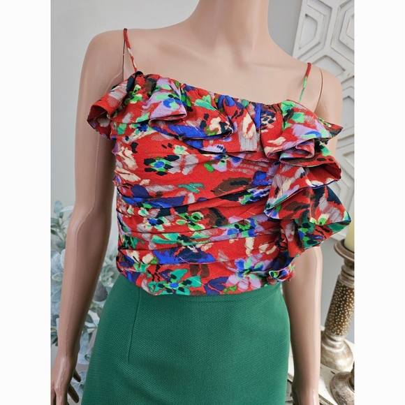 ZARA Red Floral Print Ruffled Corset Crop Adjustable Straps Top Size Medium - Picture 1 of 6